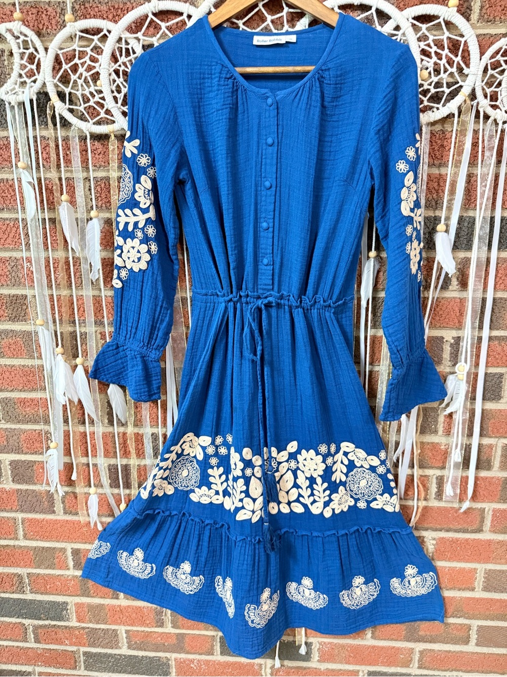 Roller Rabbit Blue Dress with Cream Floral Embroidery